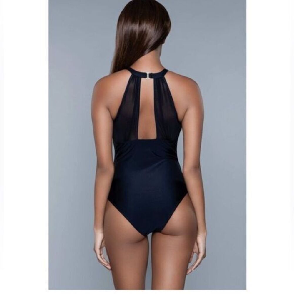 Tempt Me High Neck Mesh Detail Ruched Midsection‎ Black Swimsuit Size M